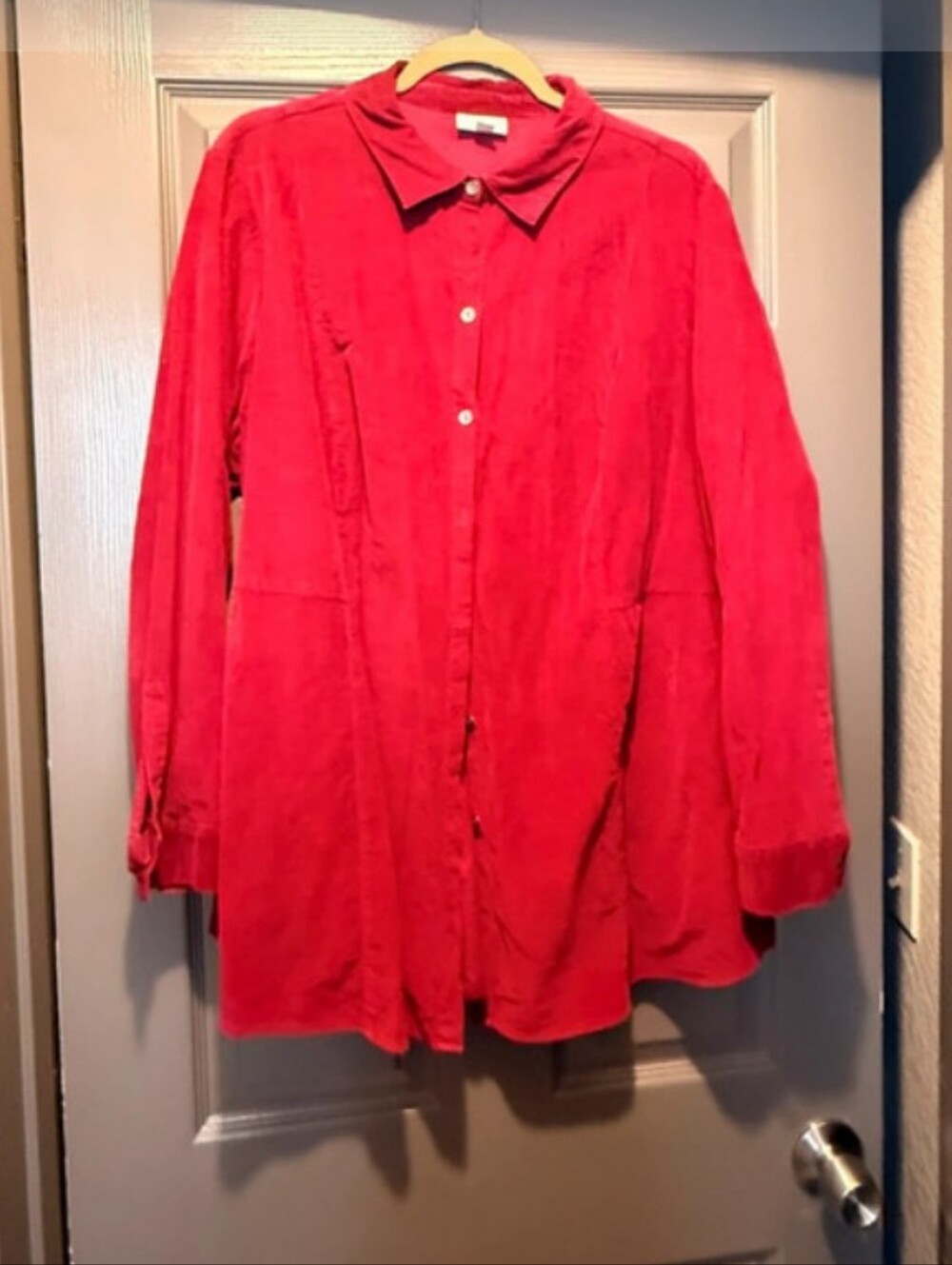 J. Jill Bright Red Corduroy Long Button-Up Jacket
